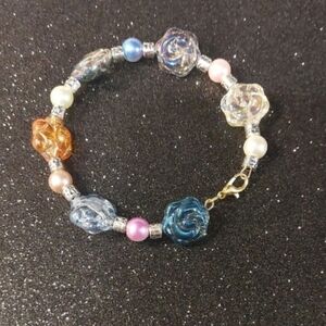 3/$15 SALE! Handmade Multicolor Rose & Pearl Memory Wire Bracelet